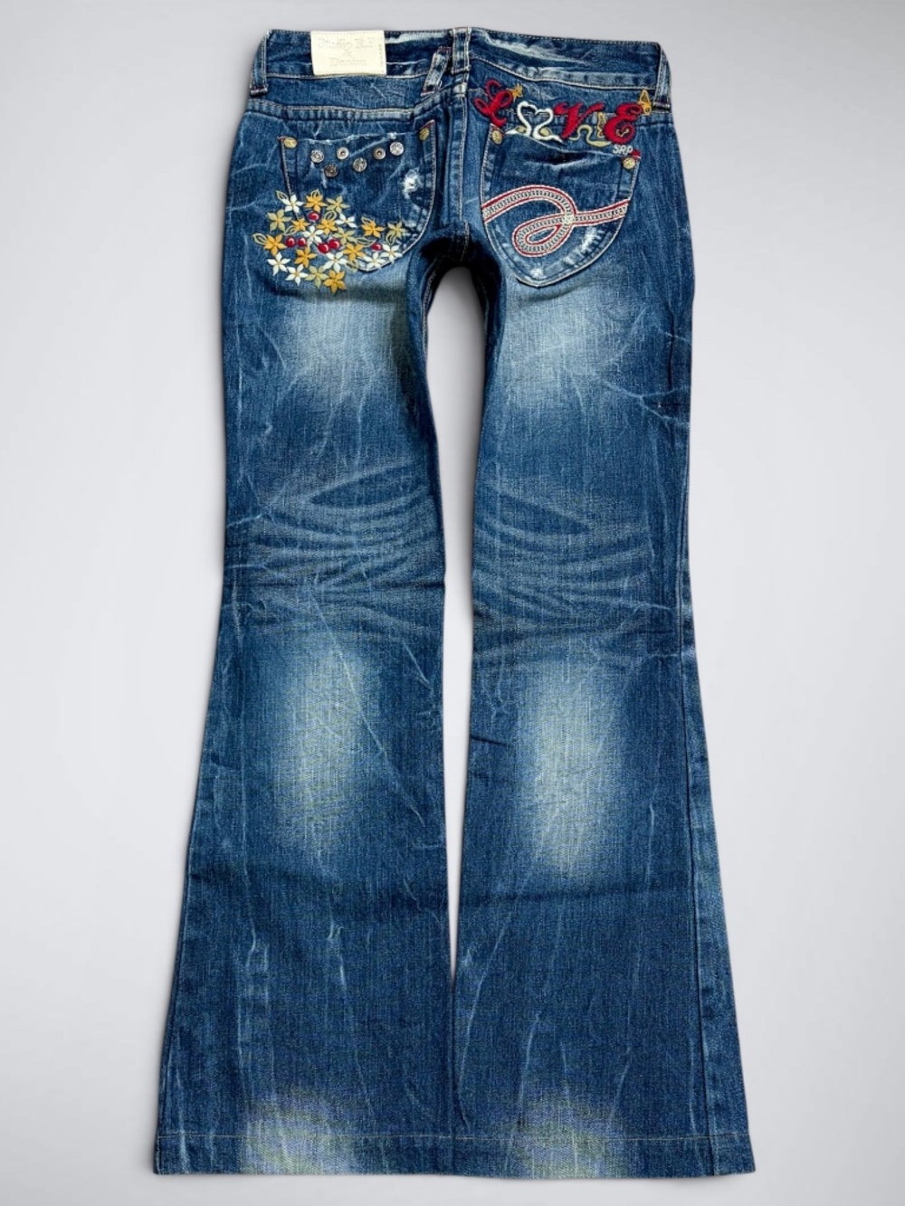 VTG Studio R.P. Embroidered LOVE Spellout Floral Flare Jeans Y2K